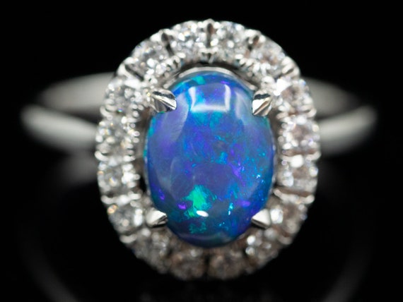 18K White Gold Black Opal and Diamond Halo Ring, … - image 1