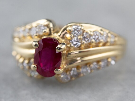 14K Yellow Gold Ruby Diamond Ring, Anniversary Ri… - image 3
