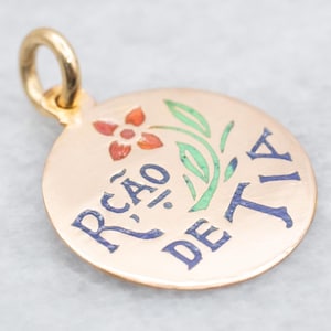 Rcao De Tia, Portuguese Floral Flower Enamel Pendant, Aunt&#39;s Love, Vintage Enamel Circular Charm, Charm Pendant, Portuguese Gold A47296