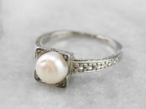 Art Deco Pearl Solitaire Ring, Pearl White Gold R… - image 3