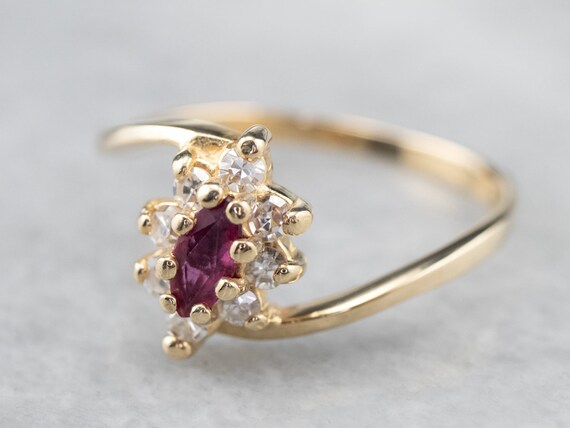 14K Yellow Gold Marquise Ruby Diamond Halo Bypass… - image 3