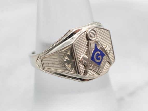 White Gold Blue Enamel Masonic Ring, Vintage Maso… - image 3