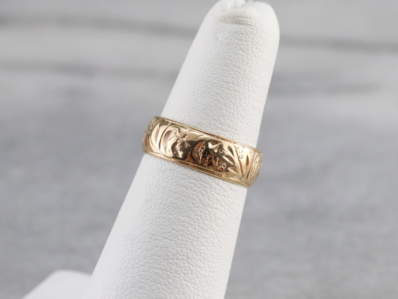 Vintage Etched Yellow Gold Band, Botanical Pattern Band, Unisex Pattern Band, Stacking Band, Floral Band LQRNDWU4 image 6