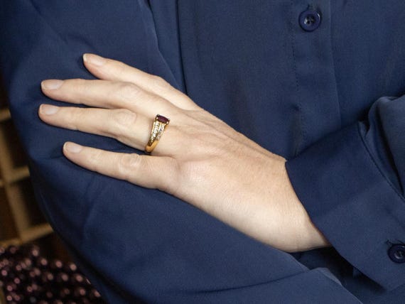 18K Yellow Gold Oval Ruby Diamond Bypass Ring - image 4