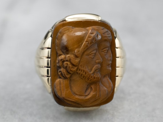 Men's Tiger's Eye Cameo Gold Ring, 1930's Vintage… - image 2