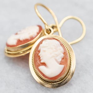 Mid-Century Cameo Earrings, Birthday Gift, Oval Cameo Earrings, Yellow Gold Cameo Drop Earrings, Estate Jewelry, Cameo Jewelry A48644