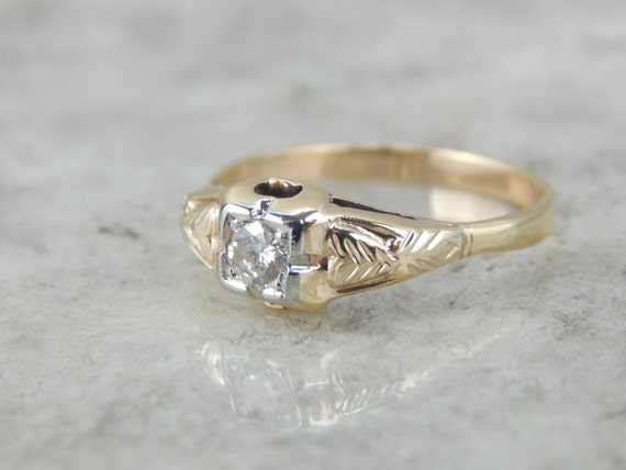 Retro Era Diamond Engagement Ring in Yellow and W… - image 2