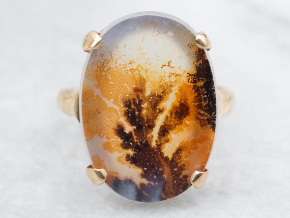 Oval Dendritic Agate 14K Gold Solitaire Ring, Siz… - image 1