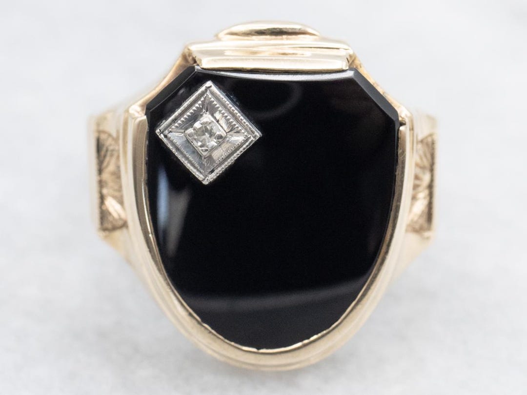 Mid Century Black Onyx and Diamond Ring, Unisex Black Onyx