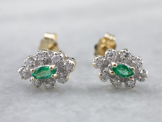 Marquise Emerald Diamond Earrings, Emerald Diamond