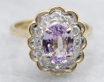 Anillo de oro de 18 quilates con halo de diamantes y zafiro rosa, talla 3.5