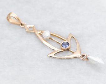 Victorian 10K Gold Sapphire and Pearl Lavalier Pendant