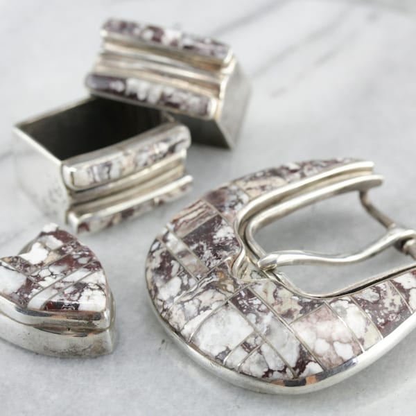 Wild Horse Magnesite, Sterling Silver and Fine Intarsia Mosaic Belt Set AVX88N-D