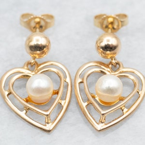 Polished Gold Heart and Pearl Drop Earrings, Heart Earrings, Pearl Earrings, Heart Shaped, Yellow Gold Earrings, Gold Pearl Earrings A42729