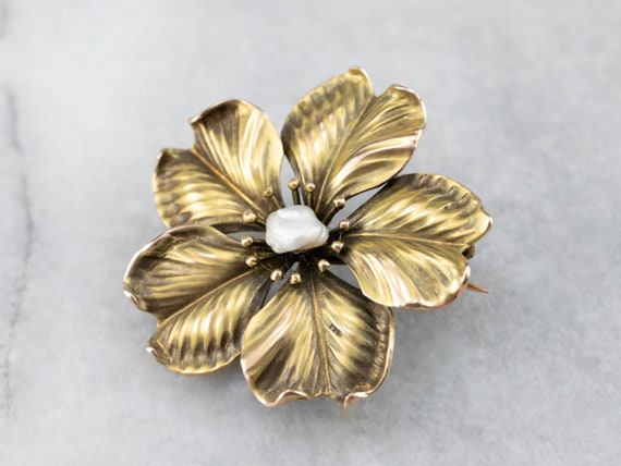 Antique Baroque Pearl Flower Pin or Pendant, Yell… - image 2