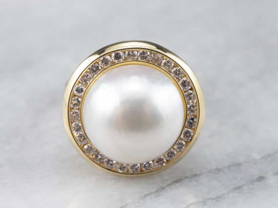 Mabe Pearl Cocktail Ring, Pearl and Diamond Halo … - image 2