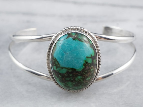 Sterling Silver Turquoise Bracelet, Silver Cuff B… - image 1