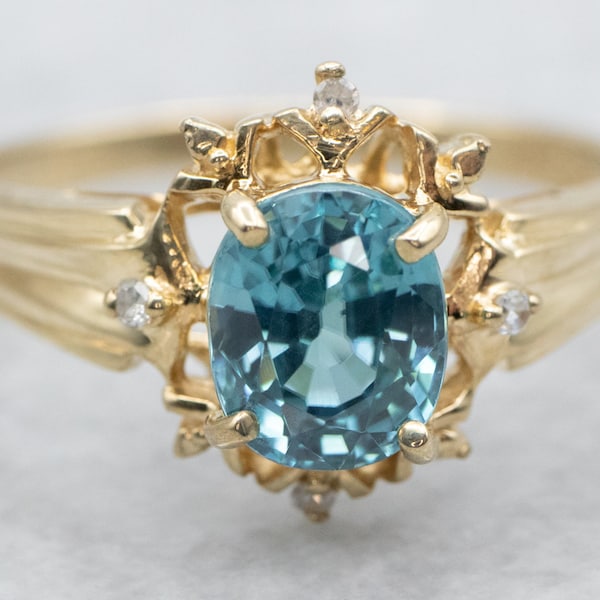 Blue Zircon Diamond Halo Ring, Yellow Gold Zircon Diamond Ring, Anniversary Ring, Right Hand Ring, Cocktail Ring, December Birthstone A37081