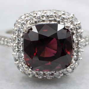 Bold Garnet and Diamond Halo Ring, White Gold Garnet Ring, Garnet Cocktail Ring, Anniversary Ring, Gifts for Her, January Birthstone A65395