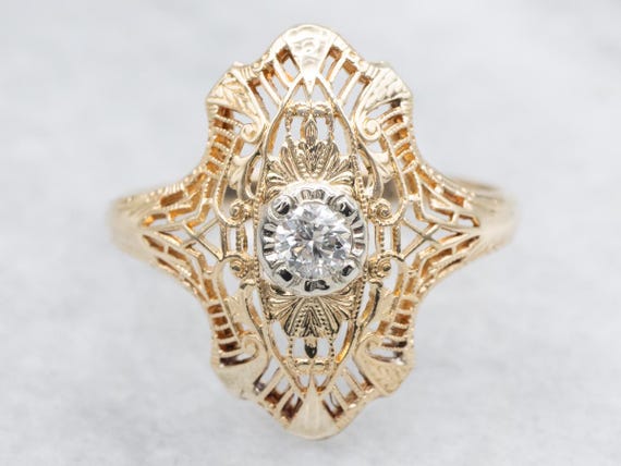Art Deco Diamond Filigree Ring, 14K Two Tone Gold Solitaire