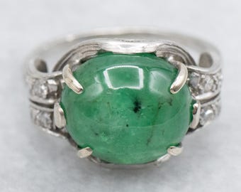 Antique Platinum Emerald Cabochon Ring, Filigree Diamond Accents