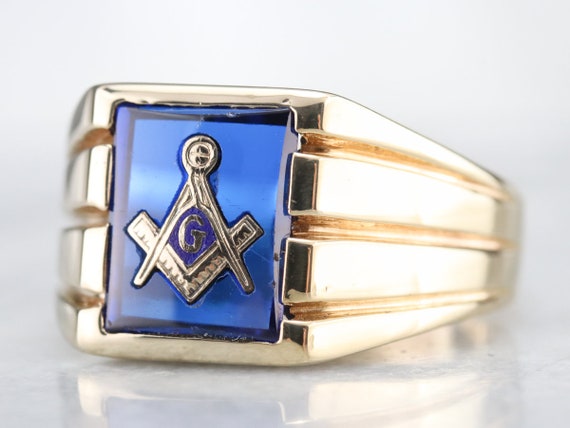 Men's Vintage Masonic Statement Ring, 1970s Blue … - image 3