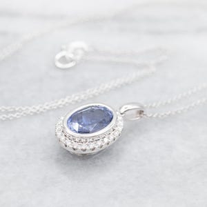 Sapphire and Diamond Necklace, Halo Pendant Necklace, Sapphire Necklace, White Gold Sapphire Necklace, Gifts for Her, Bridal Jewelry A50172