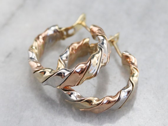 Tricolor Gold Twist Hoop Earrings, Mixed Metal Hoo