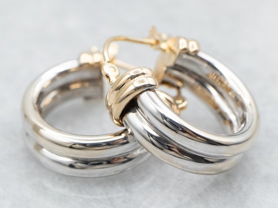 Two Tone Yellow and White Gold Hoop Earrings, Two… - image 1