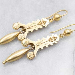 Etruscan Revival Gold Drop Earrings, Georgian-Victorian Era Drop Earrings, Bloomed Gold Earrings, Antique Earrings, Estate Jewelry A62833
