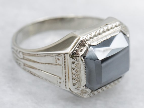 14K White Gold Hematite Ring, Emerald Cut, Retro … - image 1