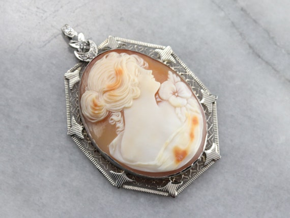 Art Deco Diamond Cameo Pendant, Large Cameo Penda… - image 1