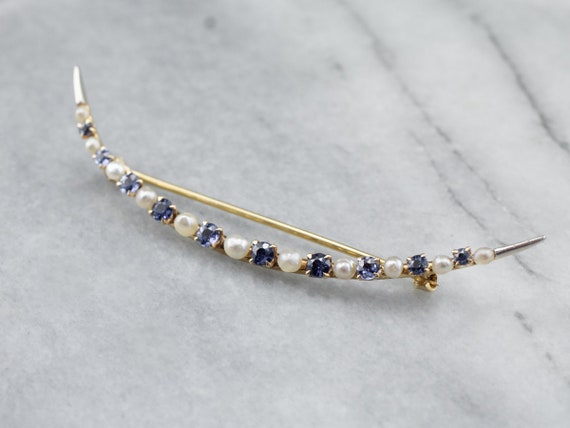 Crescent Moon Sapphire and Pearl Brooch, Yellow G… - image 3