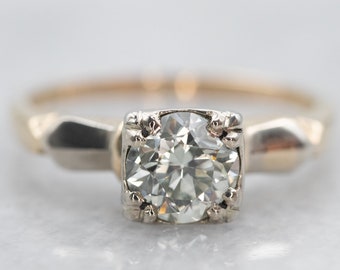 Vintage European Cut Diamond Solitaire Ring, 14K Two Tone Gold