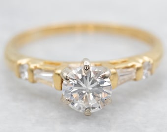 18K Yellow Gold Diamond Engagement Ring with Baguette Accents