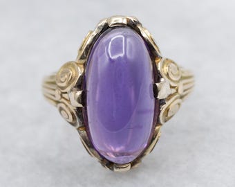 Antique Victorian 14K Gold Amethyst Cabochon Ring, Art Nouveau