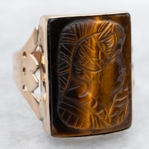 Yellow Gold Victorian Tiger&#39;s Eye Ring, Victorian Ring, Tiger&#39;s Eye Cameo, Cameo Ring, Tiger&#39;s Eye Ring, Gold Tiger&#39;s Eye Ring A40350