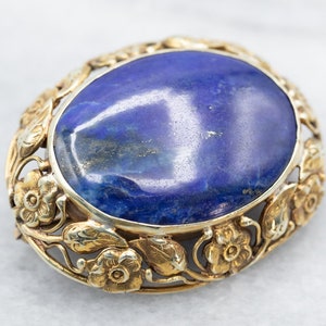 Vintage Lapis Lazuli Brooch, Floral Lapis Pendant, Yellow Gold Lapis Brooch, Lapis Jewelry, Lapis and Gold, Statement Brooch A19473