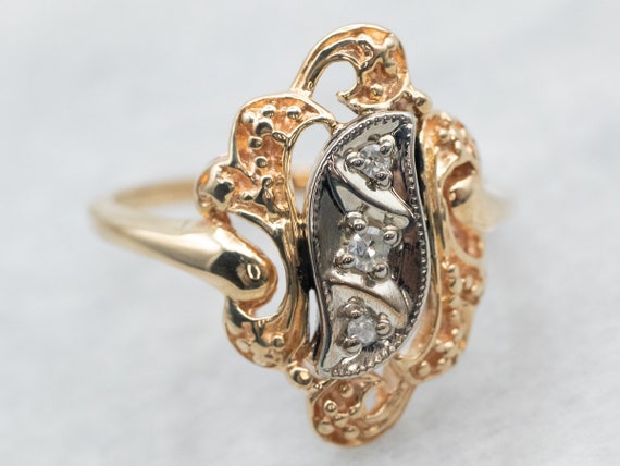 Yellow and White Gold Diamond Ring with Ornate Fr… - image 2