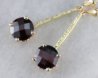14K Yellow Gold Garnet Drop Earrings, Art Nouveau Dangle Jewelry