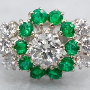 Diamond and Emerald Halo Ring, White Gold Diamond Ring, Emerald Halo Ring, Anniversary Gift, Right Hand Ring, Halo Engagement Ring A37261