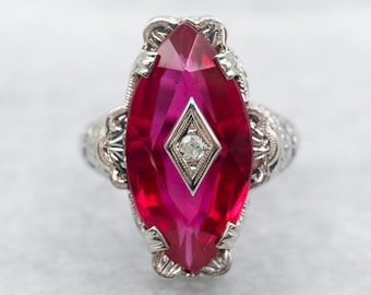 14K White Gold Marquise Synthetic Ruby Ring, Diamond Accent