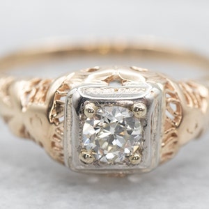 Vintage European Cut Diamond Ring, 1930s Diamond Ring, Diamond Solitaire Ring, Two Tone Diamond Ring, Solitaire Engagement Ring A22057