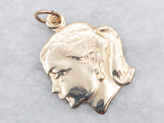 Young Lady in Profile Gold Pendant, 14K Gold Girl… - image 1