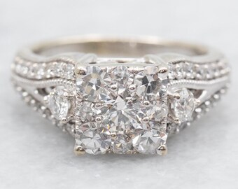 1.25 Carat Diamond Cluster Engagement Ring, 14K White Gold