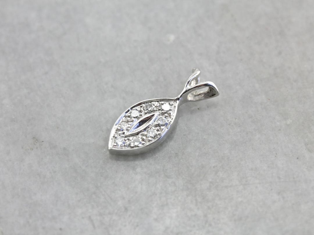 Dainty Diamond Encrusted White Gold Petal Pendant, Flower