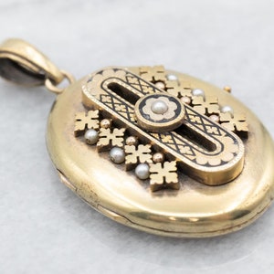 Antique Gold & Pearl Locket, Victorian Enamel and Pearl Pendant, Antique Seed Pearl Locket, Victorian Estate Jewelry, Gothic Locket 940ZMN