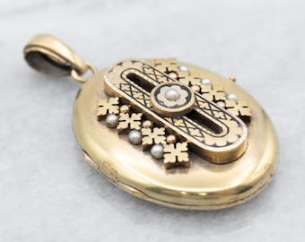 Victorian 14K Gold Locket, Enamel & Seed Pearl Pendant