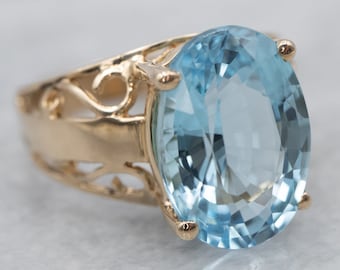 10K Yellow Gold Blue Topaz Filigree Ring, 6.28 Carats