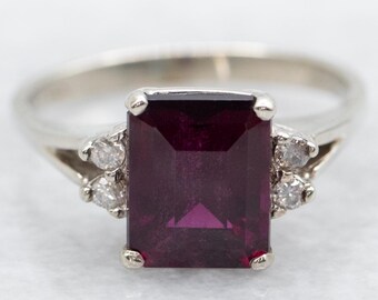 14K White Gold Emerald Cut Rhodolite Garnet Ring with Diamond Accents